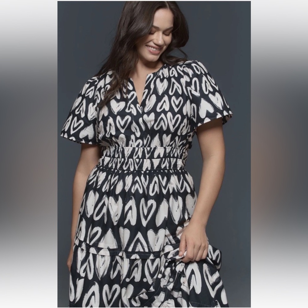 Anthropologie The Somerset Maxi Dress Smocked Heart Edition Poplin Black White - Picture 4 of 7